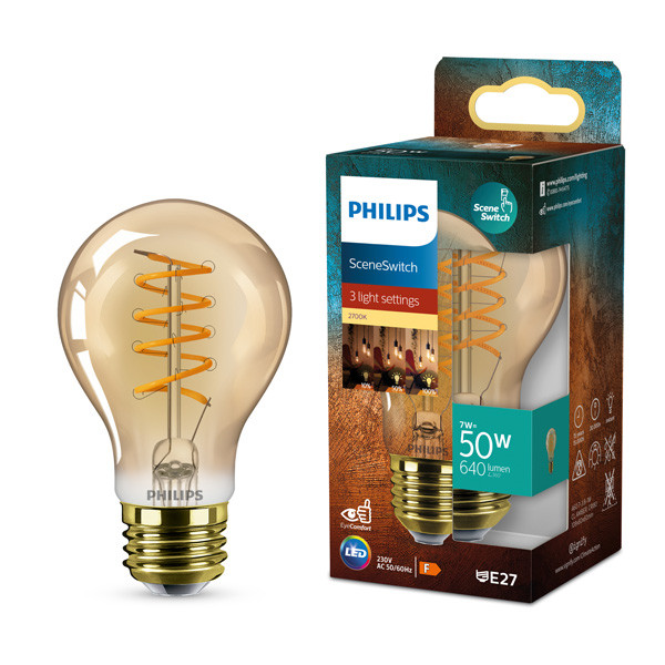 Philips LED lamp E27 Peer A60 SceneSwitch Amber Filament 2700K 7W 50W Philips 123led